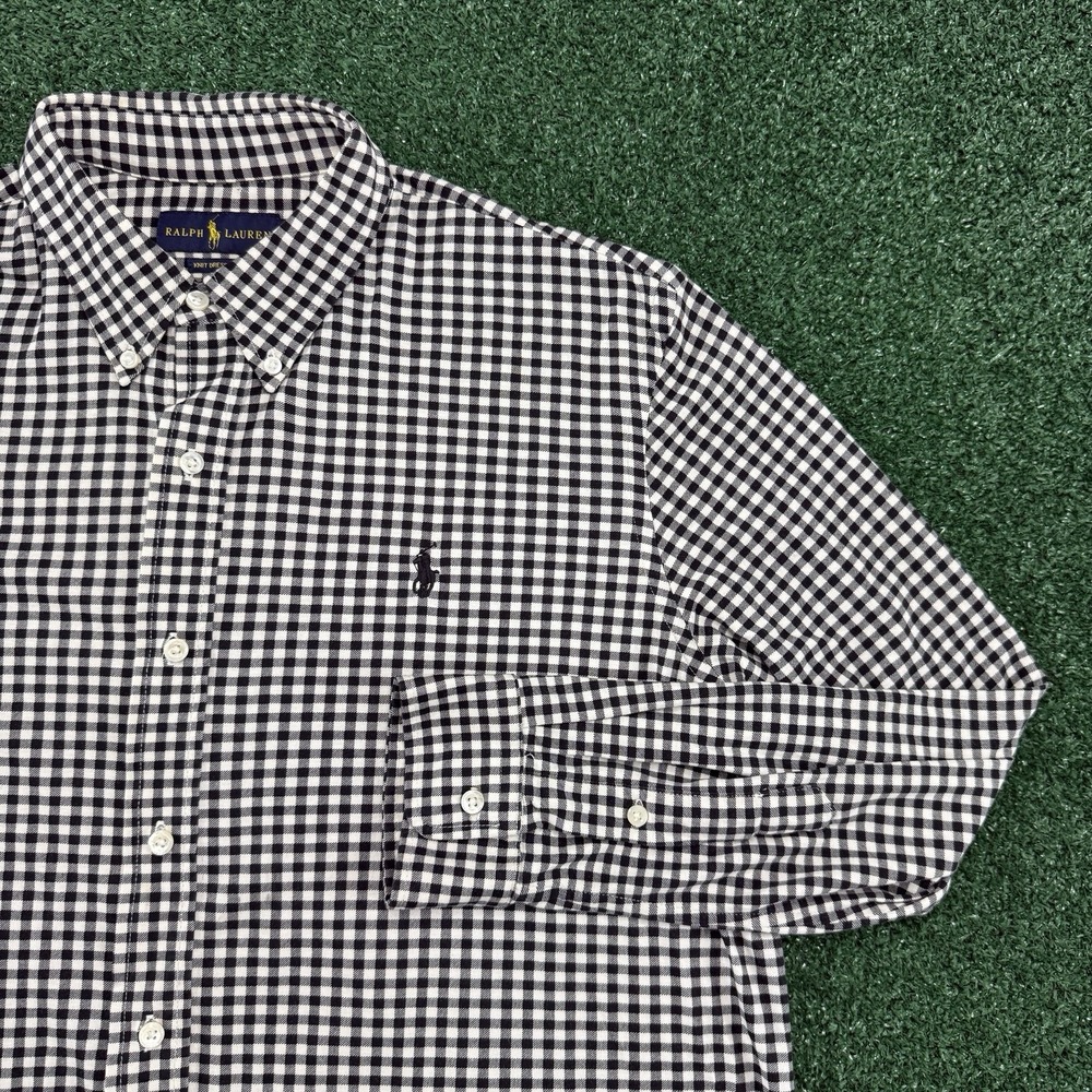 Ralph Lauren Knit Dress Shirt Men's Long Sleeve Button Size XL Black Plaid
